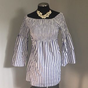 Striped off the shoulder long sleeve dress